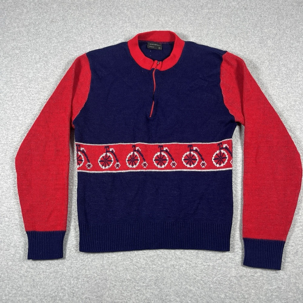 Vintage JC Penny Sweater Womens XL Blue Wool Blend 1/4 Zip Bicycles Novelty READ